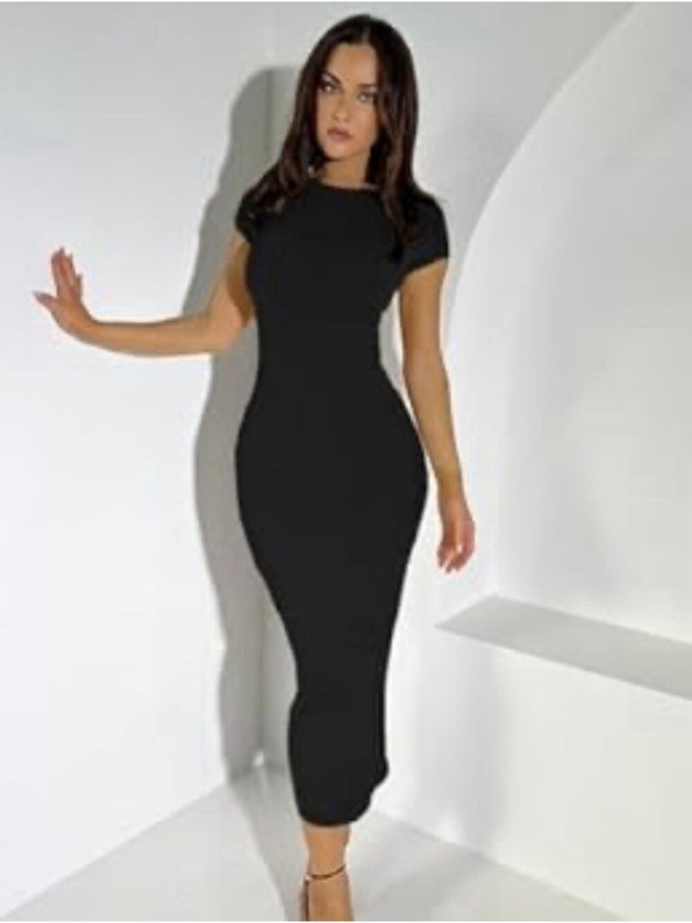 Sen solid black Ribbed Knit Tencel short sleeve bodycon midi dress 8 Medium